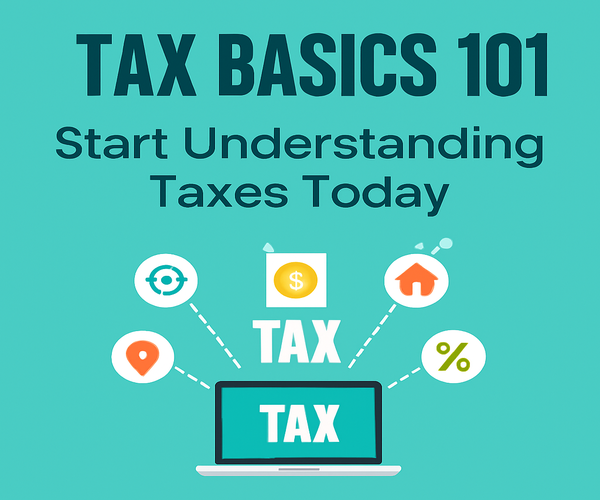 Illustration of basic tax concepts with icons for money, housing, location, and percentages surrounding a laptop labeled 