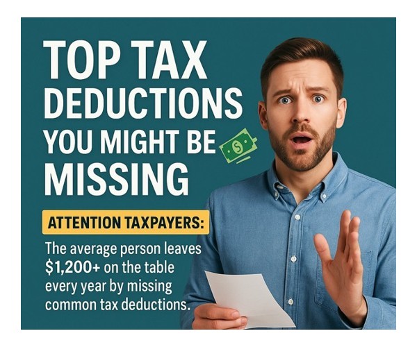 Man holding tax documents with alarmed expression next to bold warning about missed deductions costing taxpayers over alt=
