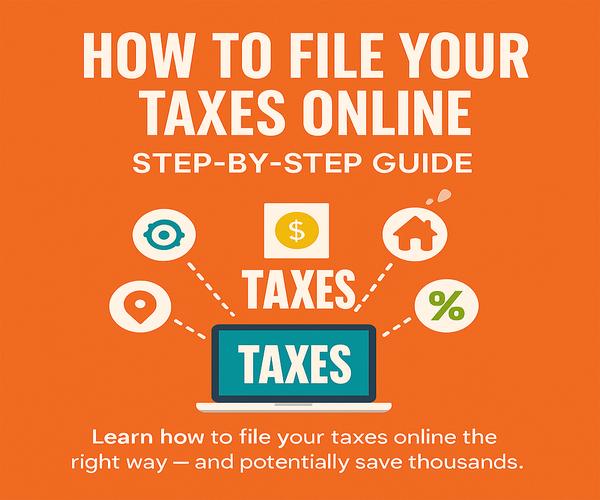 Step-by-step graphic showing how to file your taxes online using icons for money, housing, percentage, and navigation around a laptop labeled 