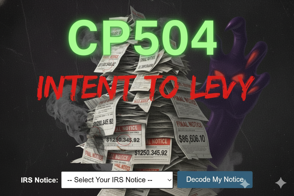 Illustration of an IRS CP504 Notice, a stack of tax collection letters, and a menacing purple hand.