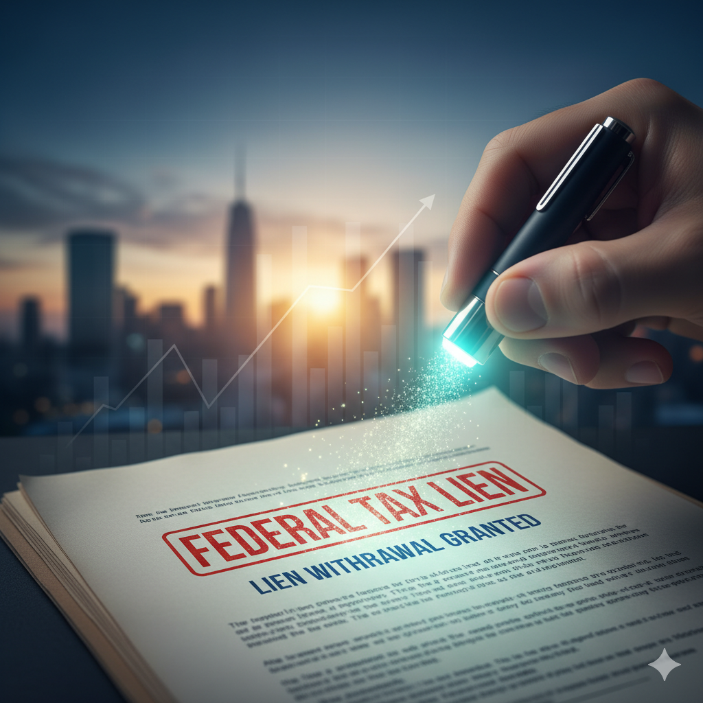 Document titled “Federal Tax Lien – Lien Withdrawal Granted” being scanned with a glowing pen, symbolizing financial relief.