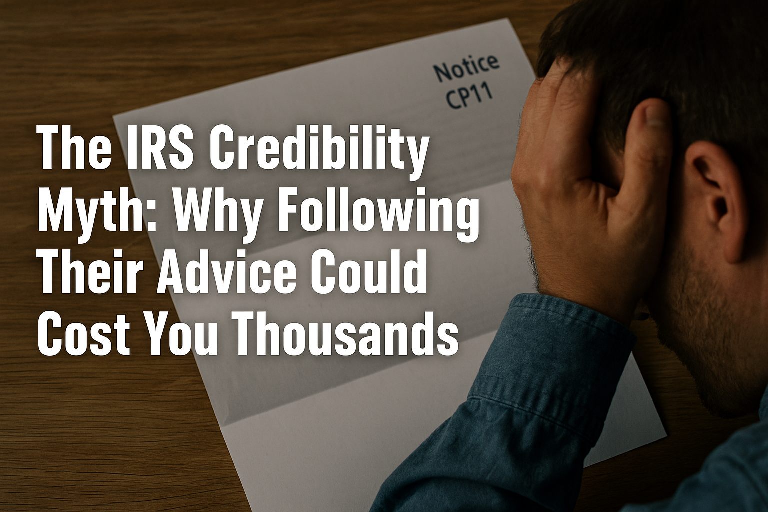 A worried taxpayer sits at a wooden table holding his head in frustration while reading an IRS CP11 notice, symbolizing the stress and confusion of dealing with the IRS.